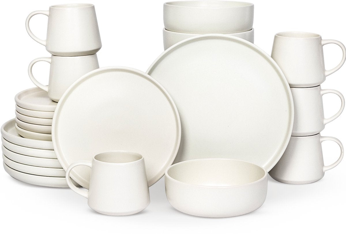 Deleca Geschirrset 6 Personen Kyoto - Kaffeetassen mit Ohr / Schalen / Große Teller und kleine Teller Set - Japanischer Stil - Massives Steingut - Cremeweiß / 24 Stück