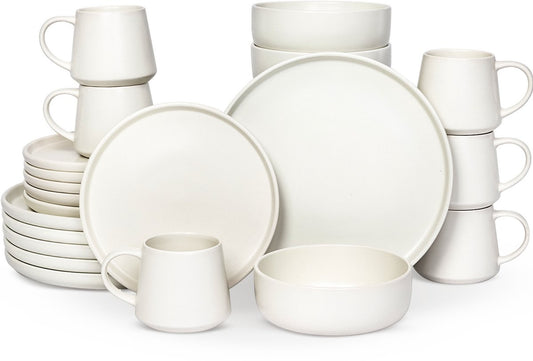 Deleca Geschirrset 6 Personen Kyoto - Kaffeetassen mit Ohr / Schalen / Große Teller und kleine Teller Set - Japanischer Stil - Massives Steingut - Cremeweiß / 24 Stück