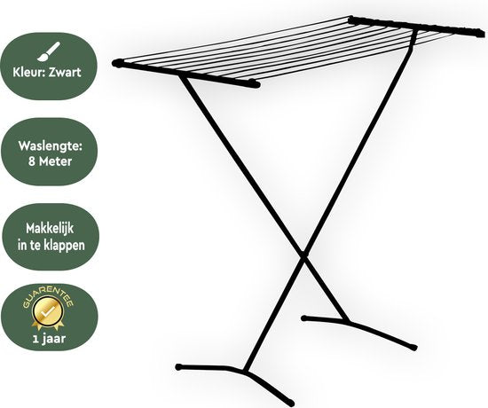 BRASQ Stehendes Trockengestell Schwarz - 8 Meter - Wäschetrockner - Zusammenklappbares Wäscheständer - Stehendes Trockengestell - Trocknungsständer - 90x53x83 cm