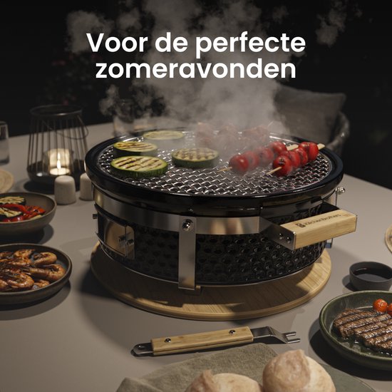 KitchenBrothers Kamado Hibachi Grill - PFAS frei - Holzkohlegrill - Shichirin Tischgrill - Rund BBQ - Keramikgrill - Schwarz
