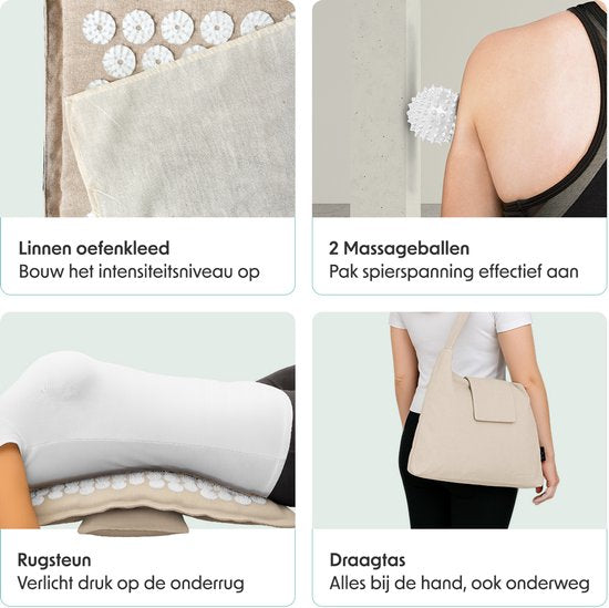 LifeGoods Akupressurmatte Eco - Komplettset - Kissen / Tragetasche / 2x Triggerpunktball - Shakti-Matte - Nagelmatte - 72x43x2cm - Beige/Weiß