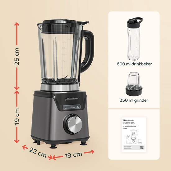 KitchenBrothers Mixer - Mit Trinkflasche - 1200W - 1.5L - Smoothie Maker - Edelstahl - Grau
