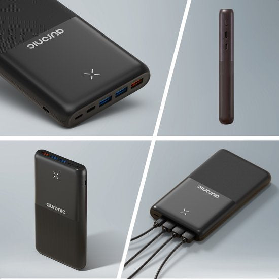 Auronic Powerbank 30.000 mAh - 22,5W Schnellladegerät über USB-C, USB-A, Micro-USB - Inklusive Kabel - Universal - Schnellladung - Notfallpaket - Schwarz