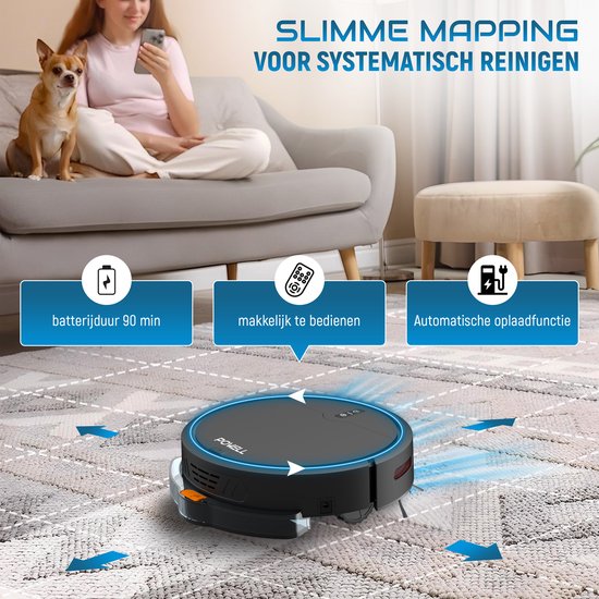 Powell Staubsauger Roboter - Staubsauger Roboter mit Wischfunktion - Staubsauger Roboter mit Ladestation - Staubsauger Roboter - Wischroboter - Schwarz