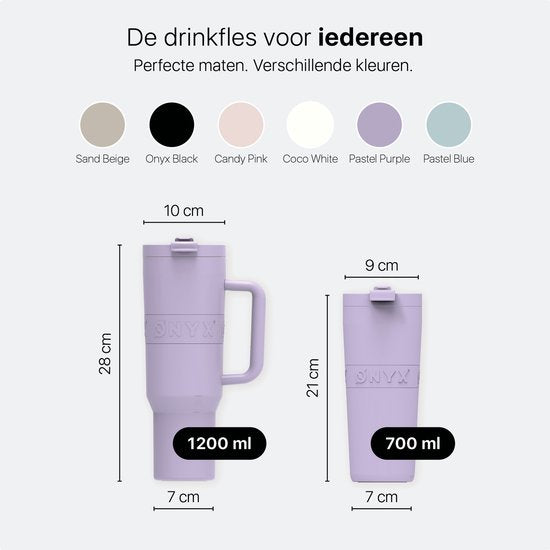 ONYX Trinkflasche mit Strohhalm 1,2 Liter - Trinkflasche für Kinder & Erwachsene - Thermosbecher Edelstahl Reisebecher - Motivationstrinker - Trinkbecher für die Schule - Pastell Lila