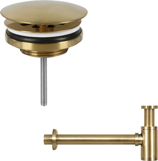Differnz Helios Waschtischset 37,5 x 18,5 x 9 cm – Waschtisch aus Keramik, weiß – Mit Kaltwasserhahn links/rechts, mattgold – Waschtischset für Toilette – Inkl. Siphon & Always-Open-Ablaufstopfen – Wandmontage