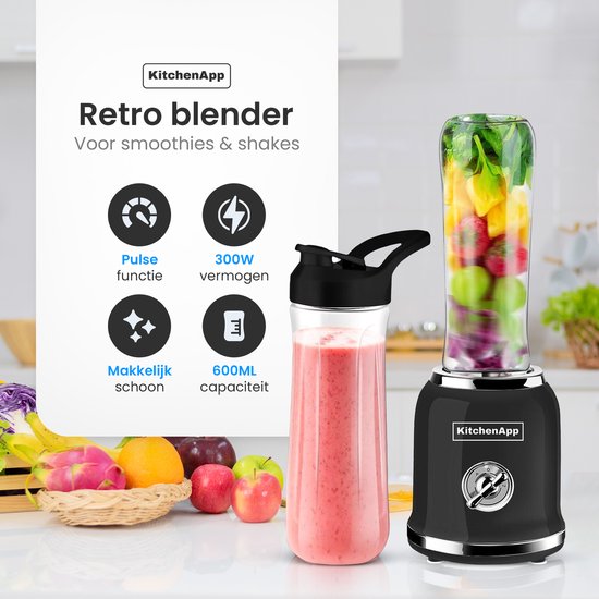 KitchenApp Blender to go - Retro-Mixer - Smoothie-Maker - Inklusive zwei Bechern und diversem Zubehör - Schwarz