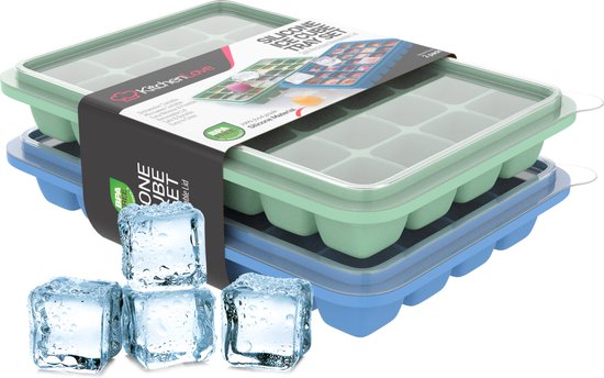 KitchenLove Silikon Eiswürfelform mit Deckel (2 Stück) - 56 Eiswürfel - Quadratisch - BPA frei - 100% Silikon - Grün & Blau
