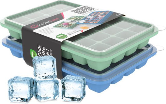 KitchenLove Silikon Eiswürfelform mit Deckel (2 Stück) - 56 Eiswürfel - Quadratisch - BPA frei - 100% Silikon - Grün & Blau