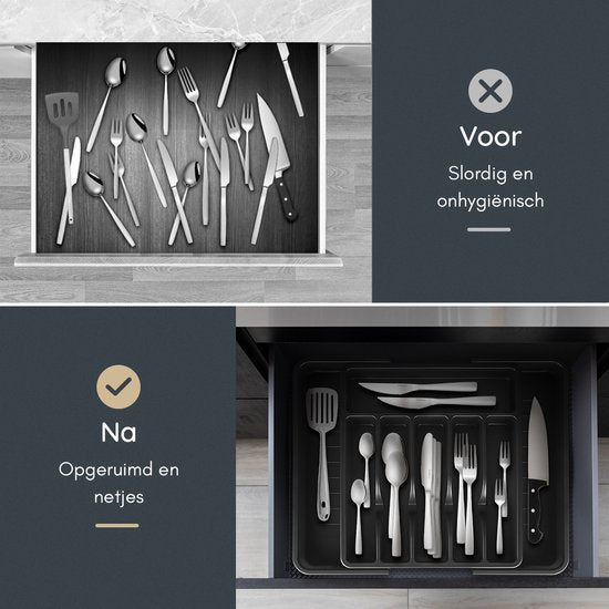 Deleca Ausziehbarer Besteckeinsatz mit 8 Fächern - Besteckschubladen-Organisator - Küchenschubladen-Besteckorganisation - Besteckhalter Küche - 57 x 38 cm - Kunststoff / Schwarz