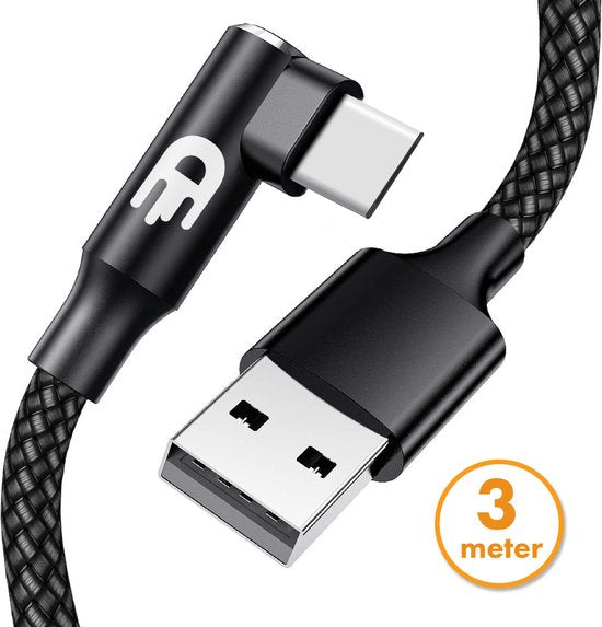 Drivv. USB-auf-USB-C-Kabel - Haken - USB-C-Daten- und Ladekabel - Schnellladung / Schnellladegerät - 3 Meter - Geeignet für Samsung, iPhone 15 und mehr - Schwarz