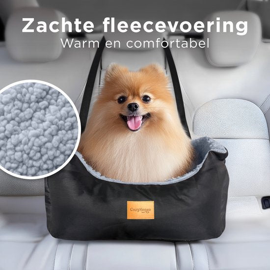 CozySense® Hundeautositz - Hundekorb Auto mit Sicherheitsgurt und Staufach - für kleine Hunde - Vorder- oder Rücksitz - Schwarz/Grau