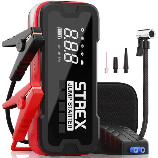Strex - 12V Starthilfe mit Kompressor - 4000A - 24.000 mAh - 5-in-1 Funktion mit Led-Taschenlampe & SOS - Inklusive Hardcover-Tasche - Kunststoff - Schwarz & Rot
