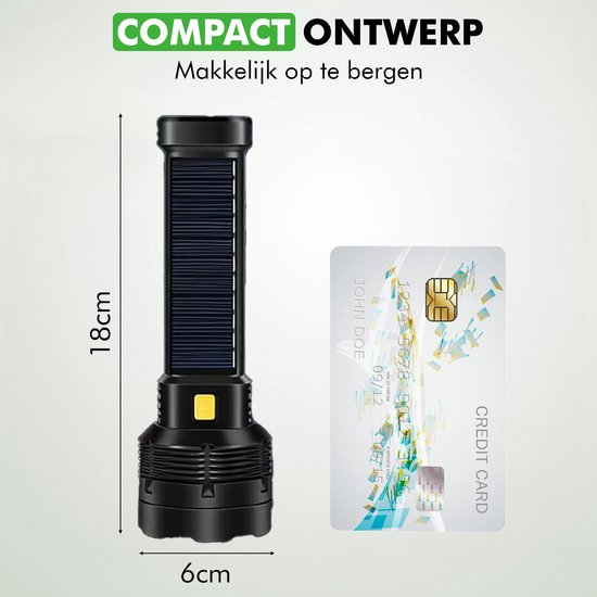 Travelhawk Flashlight - Taschenlampe Led - Taschenlampe Militär - Batteriebetriebene Taschenlampe - 1000 Lumen - Solarpanel - Wasserdicht - Schwarz