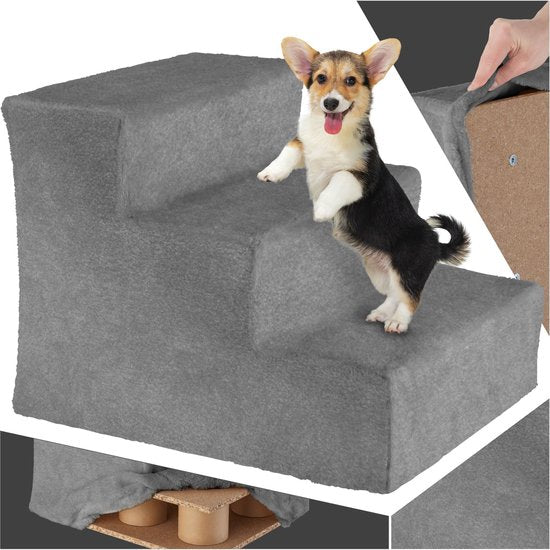 tectake Hundetreppe oder Katzentreppe, Haustiertreppe, Einstiegshilfe mit waschbarem Bezug, extra flache Treppe, Haustiertreppe für Sofa, Bett oder Auto (grau, 37 x 45 x 34,5 cm)