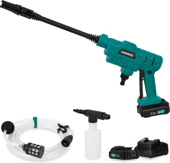 VONROC Accu Druckreiniger 20V - 24bar - 198 l/h - Inklusive 5m Saugschlauch, Reinigungsmittelflasche und verstellbarer Düse - Inklusive 2x 2.0Ah Akku und Schnellladegerät