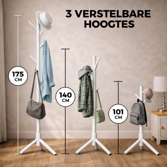 Bayt Garderobe - Stehende Garderobe - Garderobenständer Holz - Stehende Garderobe - Garderobenständer - 8 Haken - 175 cm - Weiß