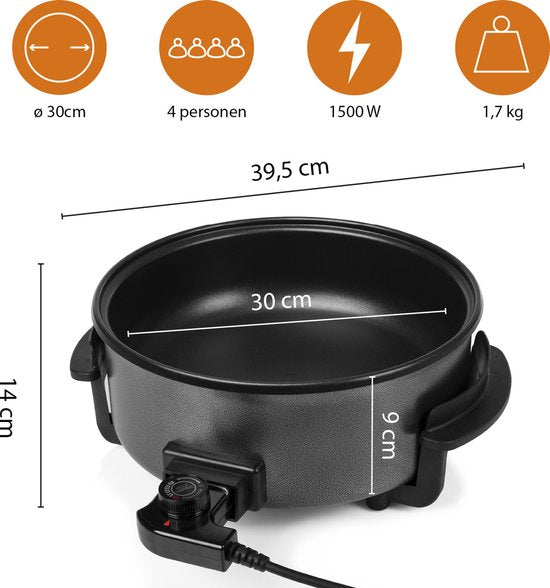 Tristar Kasserolle PZ-9135 - Elektrische Kasserolle mit Deckel 30 cm - Snackpfanne XL - Antihaftbeschichtung und einstellbarer Thermostat - maximal 250 ⁰C - Schwarz