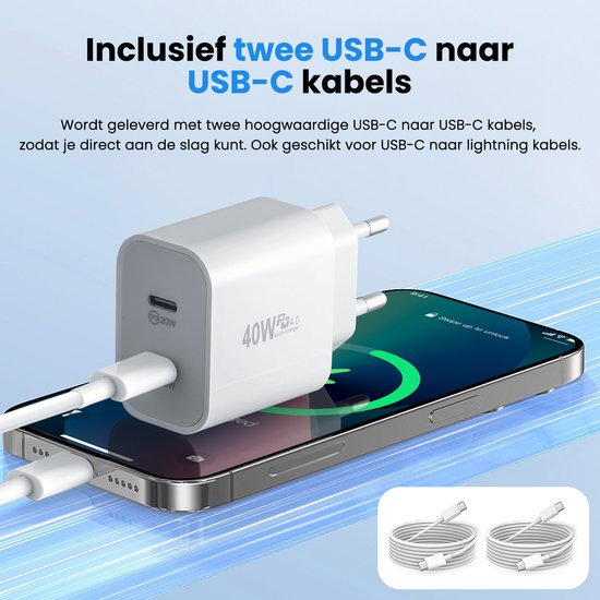 USB-C-Ladegerät - 40W - mit 2x USB-C-auf-USB-C-Kabel - Schnellladegerät - 2 Ladeanschlüsse - Weiß - von Faas