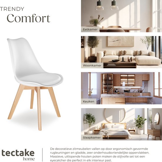 tectake® Esszimmerstuhl Frederikke - 4er Set Esszimmerstühle mit gepolstertem Stoffsitz - Massive Holzbeine - Ergonomische Stühle für Wohnzimmer, Esszimmer, Schlafzimmer und Küche - Belastbarkeit 120kg - Weiß