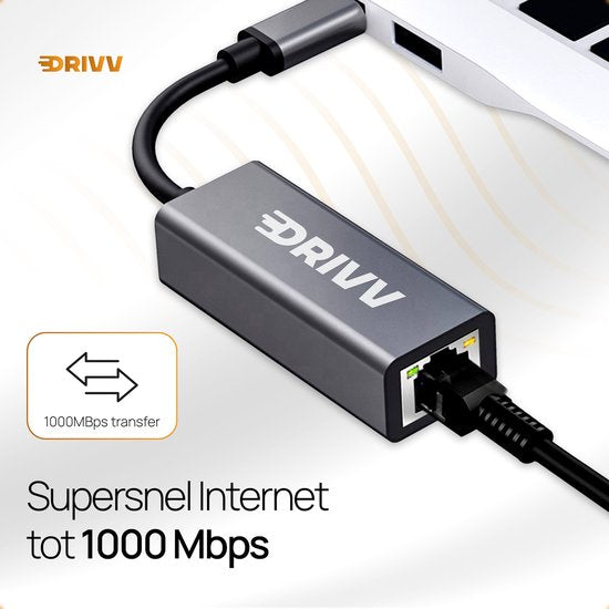 Drivv. USB-C zu Ethernet Adapter / Internet / Netzwerk - 10/100/1000 MBps - Grau