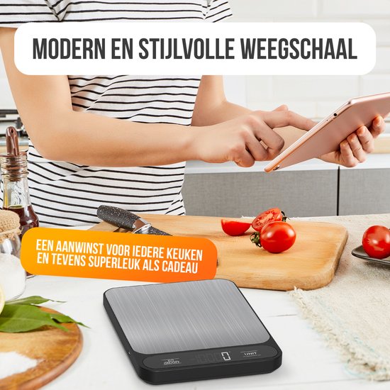 Strex Digitale Küchenwaage - Küchenwaage - 1 g bis 10 kg - Tara-Funktion - Inklusive Batterien - Edelstahl/Schwarz