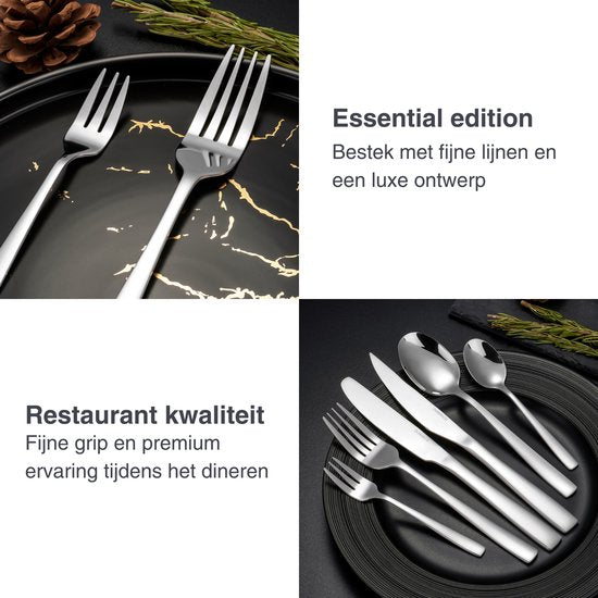 Deleca - 12 Personen Besteckset Essential (72 Teile) - Löffel, Messer, Gabeln, Steakmesser & Kuchengabeln - Spülmaschinenfestes Besteck - Glänzend Silber / Edelstahl
