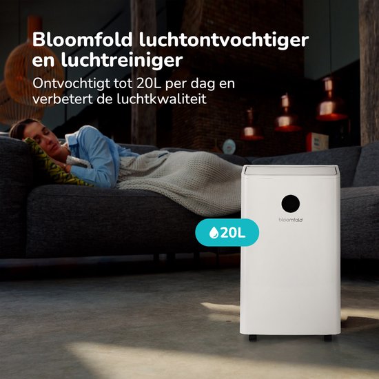 Bloomfold Luftentfeuchter und Luftreiniger - 20L pro Tag - Inkl. Waschtrockenfunktion - Geeignet für Wohnzimmer, Schlafzimmer, Keller & Badezimmer