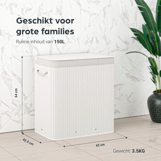 Organess Wäschekorb mit 3 Fächern – Wäschetrennkorb – Wäschekorb mit Deckel – Zusammenklappbar – 150 l – Weißer Bambus