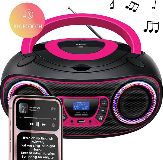 Denver Tragbares DAB-Radio CD-Player Kinder - Bluetooth - Lichteffekte - Boombox - AUX - FM - TDB212PINK