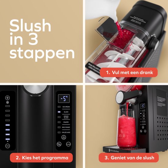KitchenBrothers Slush Puppy Maker - 1.6L - 6 Ständer - BPA-frei - Slushi-Maschine - Eiscreme-Maschine - Schwarz