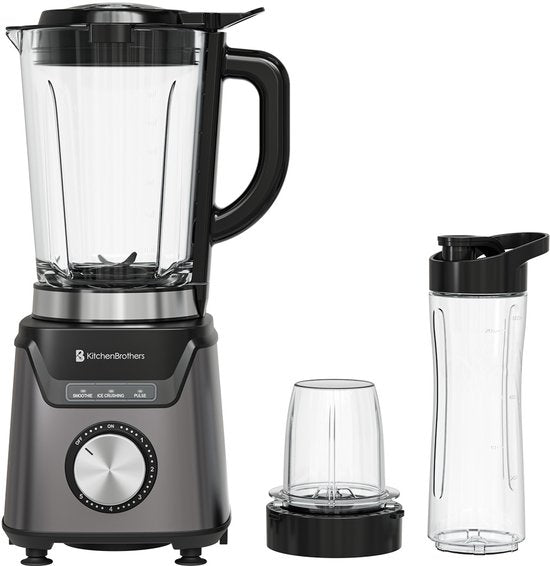 KitchenBrothers Mixer - Mit Trinkflasche - 1200W - 1.5L - Smoothie Maker - Edelstahl - Grau