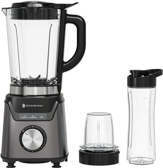 KitchenBrothers Mixer - Mit Trinkflasche - 1200W - 1.5L - Smoothie Maker - Edelstahl - Grau
