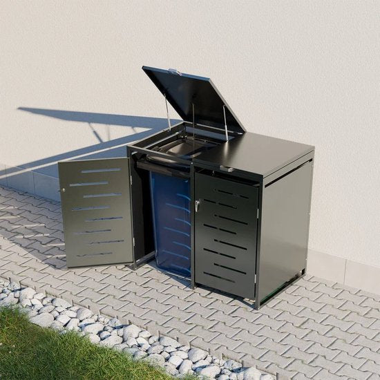 Juskys Containerspeicher - 120 L - 2-teilig - Mit Gasdruckfedern und Entlüftung - Zur Lagerung von Abfallbehältern - Arel Anthrazit Stahl
