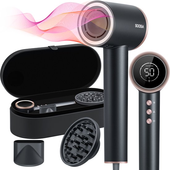 Soosia HighSpeed Ionic Hairdryer mit Display - HeatProtect Autocare - Haartrockner mit Diffusor - Coolshot - 110.000 RPM