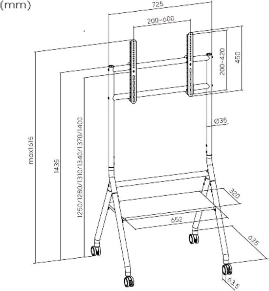 VDD TV Stand - TV-Stativ - TV-Fuß - Monitorständer - Mobil & höhenverstellbar 125 bis 140 cm - Geeignet für Bildschirme von 37 bis 86 Zoll