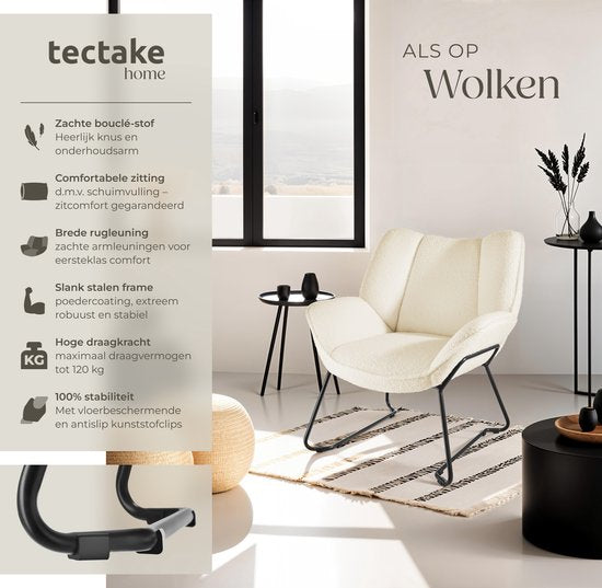 tectake Lounge Chair - Runder Sessel - Teddy Chair - Polstersessel - Bouclé-Polsterung - Plüsch-Lesesesessel - Skandinavischer Stil - cremeweiß