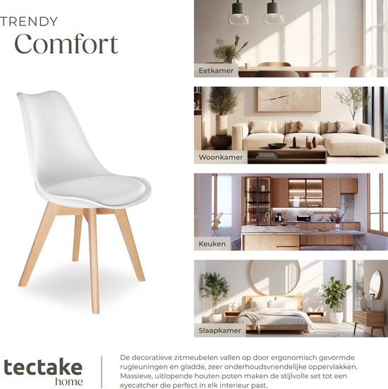 tectake® Esszimmerstuhl Frederikke - 2er Set Esszimmerstühle mit gepolstertem Stoffsitz - Massive Holzbeine - Ergonomische Stühle für Wohnzimmer, Esszimmer, Schlafzimmer und Küche - Belastbarkeit 120kg - Weiß