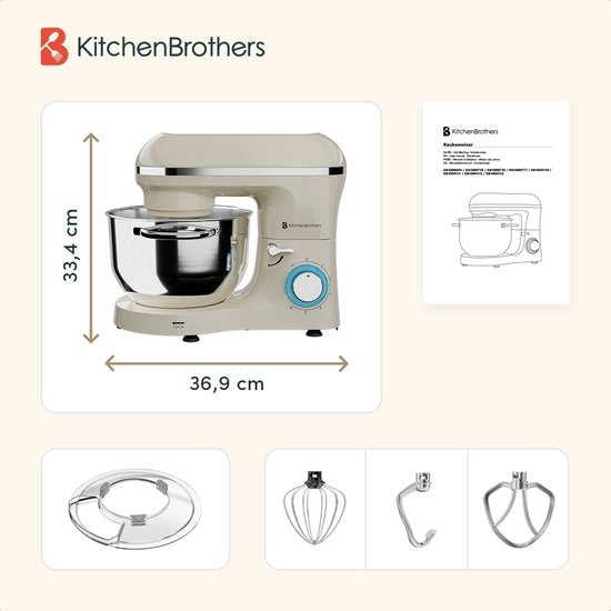KitchenBrothers Küchenmaschine - Küchenroboter - 6.2L - Mixer mit Rührschüssel - Küchenmixer - 2000W - Champagner