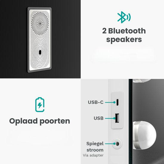 Mirlux Large Hollywood Mirror - 80x60CM - 2 Bluetooth-Lautsprecher - USB & USB-C Ladeanschlüsse - LED-Beleuchtung - Schminkspiegel - 10x Zoom - Aufhängbar - Weiß