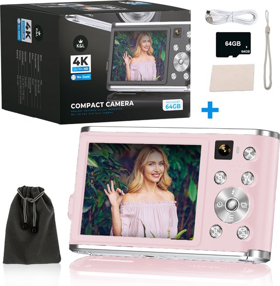 K&L Digitalkamera 4K - Fotokamera - Fotokamera - Kompaktkamera - Vlog-Kamera - Für Kinder - Inklusive 64GB - NL Software - Pink