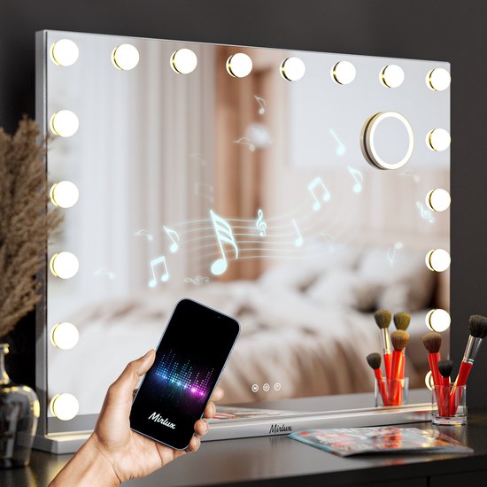 Mirlux Large Hollywood Mirror - 80x60CM - 2 Bluetooth-Lautsprecher - USB & USB-C Ladeanschlüsse - LED-Beleuchtung - Schminkspiegel - 10x Zoom - Aufhängbar - Weiß
