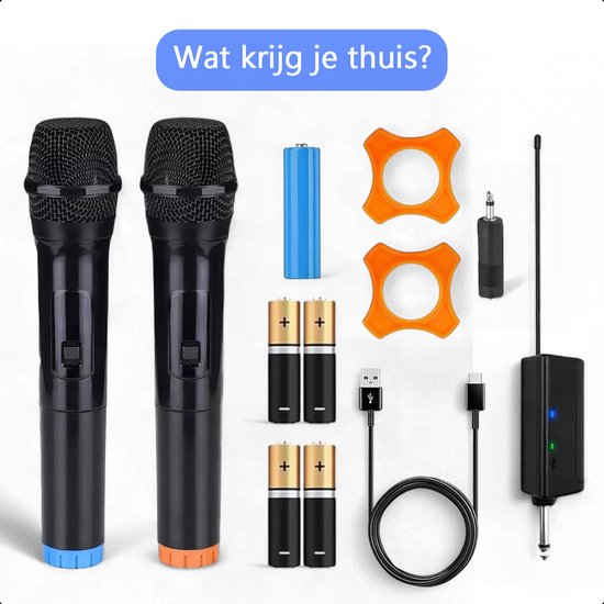 Tech Essentials Drahtloses Mikrofon - 2 Stück - USB-C-Empfänger - Karaoke - ASMR - Studio - Geeignet für Party-Box - 3,5-6,3mm Klinke