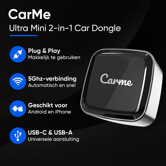 CarMe Ultra Mini 2-in-1 CarPlay Dongle - Drahtloses CarPlay & Android Auto - USB-A & USB-C - Android Auto Dongle - Silber