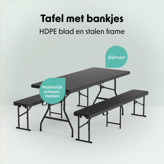 LifeGoods Faltbares Picknick-Set - 180cm x 74cm - Gartentisch mit 2 Bänken - Wetterfest - Campingtisch - Biertisch faltbar - Für Innen und Außen - Für 6 bis 8 Personen - Rattan Schwarz