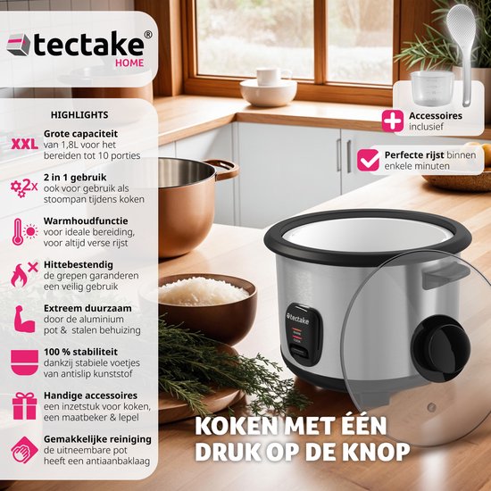 tectake® Reiskocher - Dampfgarer und Reiskocher mit Dämpfeinsatz - Großvolumiger Kochtopf mit 1,8 l Fassungsvermögen - Bis zu 10 Portionen Klebreis, Vollkornreis oder Sushi-Reis