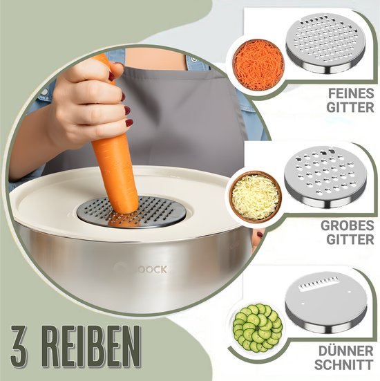 COOCK Edelstahl Rührschüsselset mit Deckel - Bratschüsseln mit Deckel - Vorratsschüssel mit Reibe - Schüssel für Salate & Mischungen - 22-teiliges Set 1,5 bis 5 Liter - Beige - inkl. Messlöffel