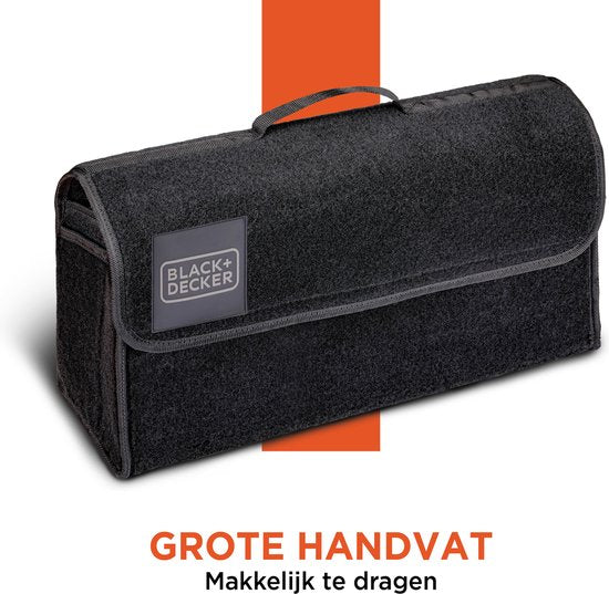 BLACK+DECKER Trunk Organiser - Kofferraumtasche - 55 x 15 x 23 CM - 1 großes Fach und 2 Einsätze - Einkaufen und Autozubehör - Mit Klettverschluss - Schwarz