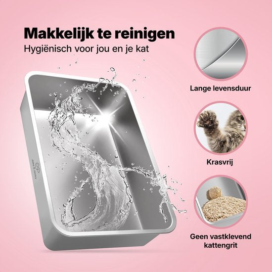 Jake und Jacky Edelstahl Katzentoilette - Offene Katzentoilette - Inkl. Katzentoilettenschaufel mit Halterung und Streusammelstufe - 60x40x30cm