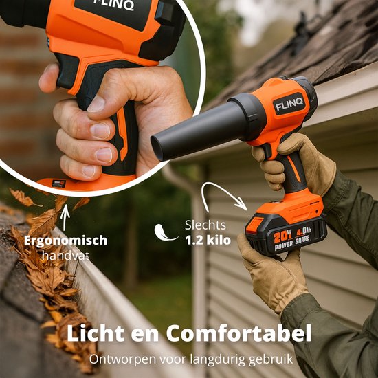 FlinQ Handbläser Premium - Kabelloser Laubbläser mit Akku - Mehrzweck - Borloser Motor - inkl. 2 Batterien & Gehörschutz